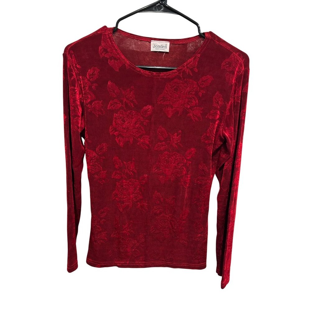 Jonden Red Embossed Rose Velvet Crew Neck Long Sleeve Top Sz M Goth Romanticore